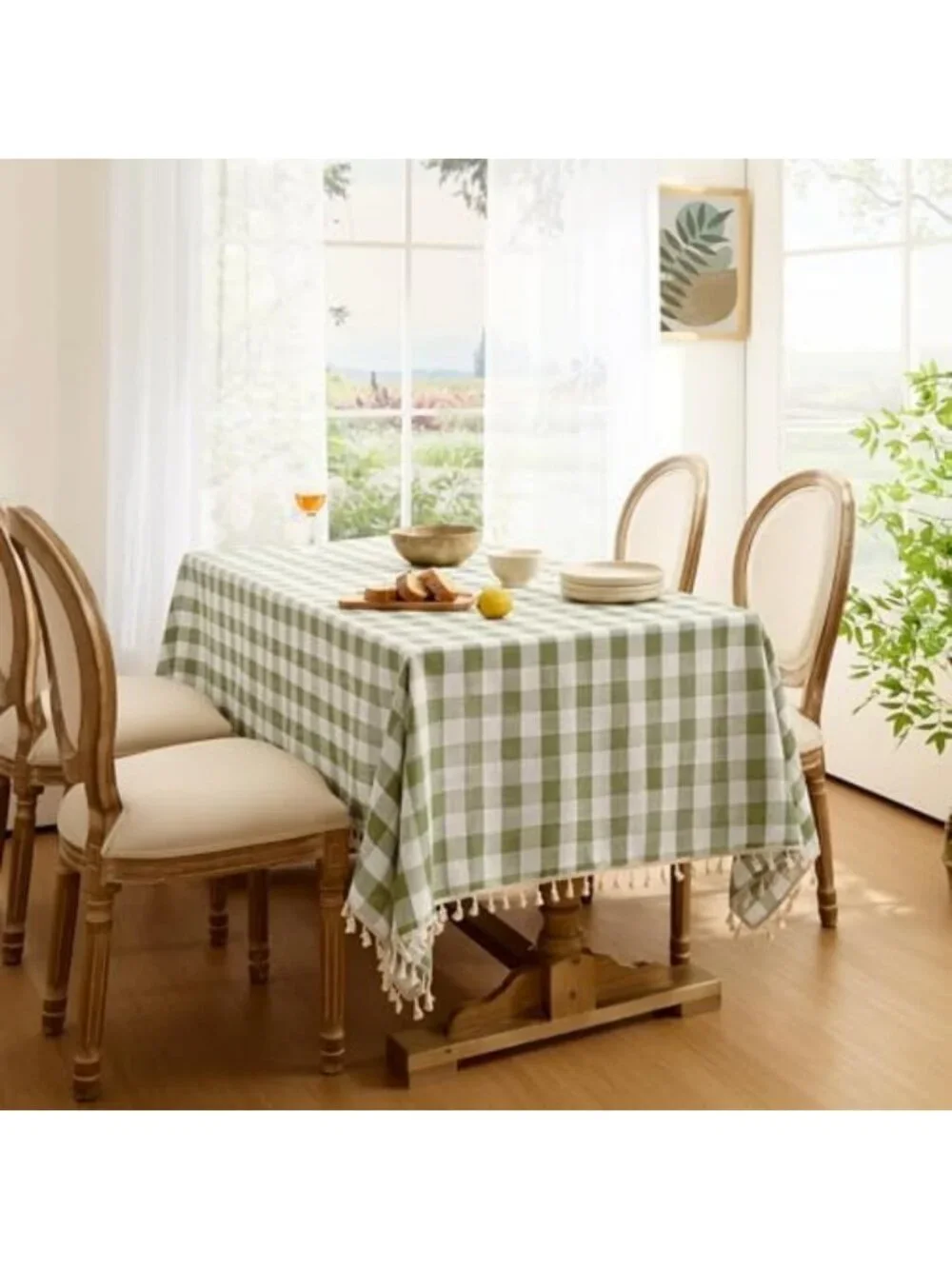 Gingham Rectangle Tablecloth with Tassels, Sage Green, 55